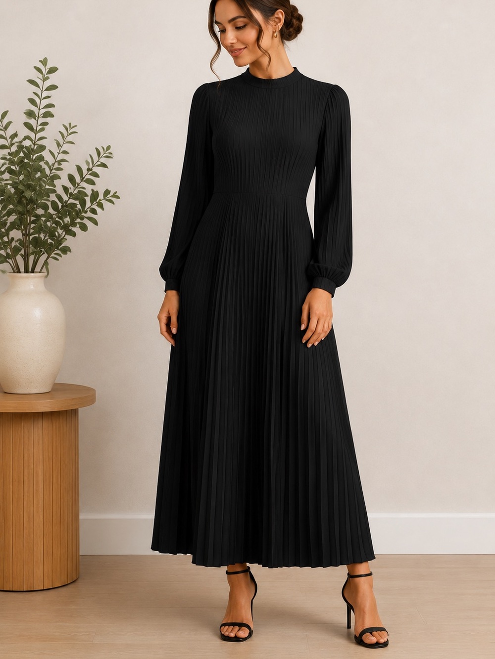 Pearl Black Pleated Long-Sleeve Maxi Dress
